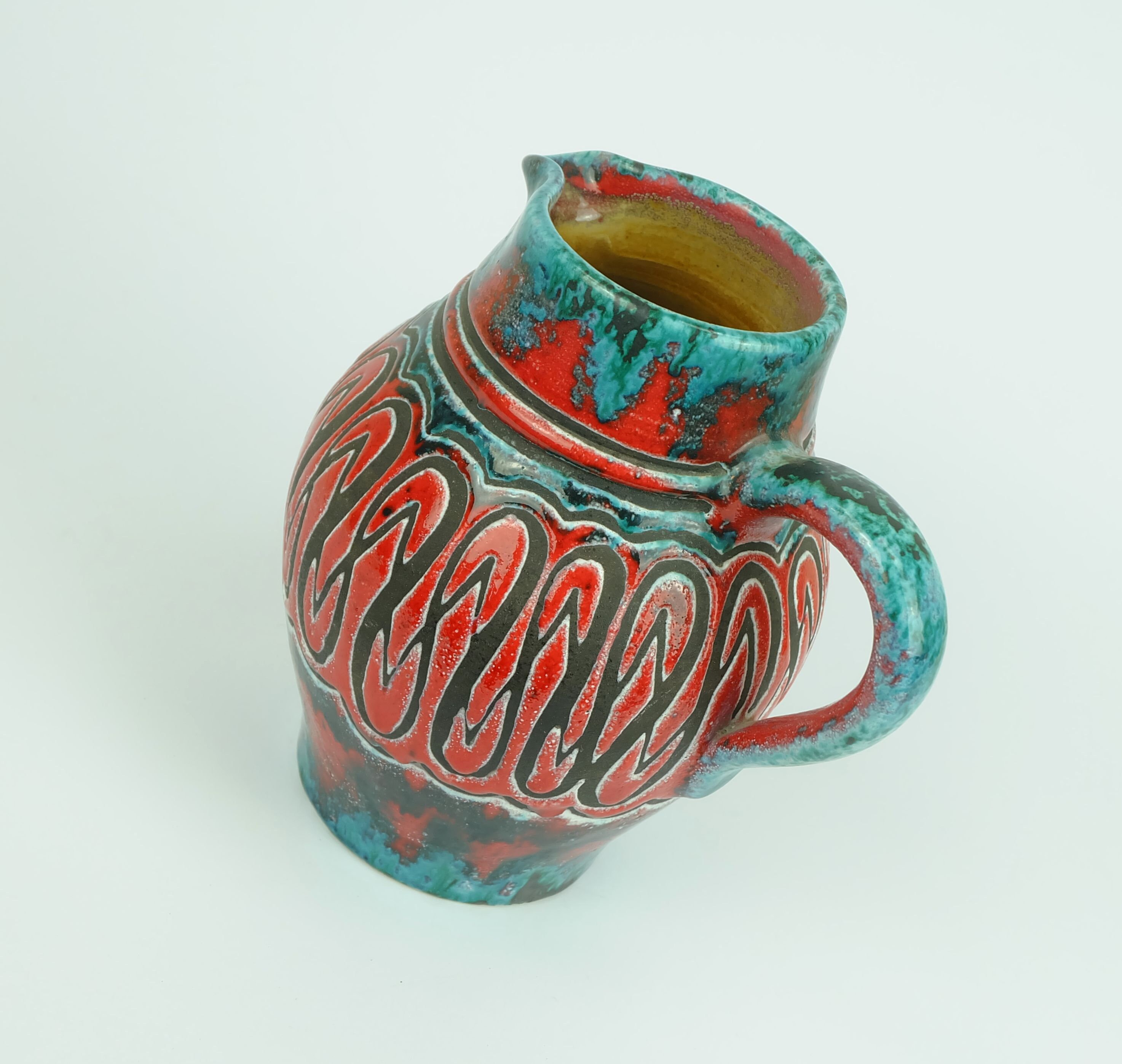 1960s 70s handmade ceramic VASE jug red and turquoise glaze relief pattern