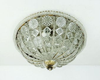 glamorous large 1960s CEILING LAMP ceiling fixture glass crystals and blossoms hollywood regency style