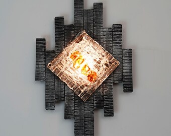 mid century brutalist style wrought iron and glass WALL LAMP sconce 1960s 1970s