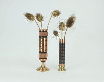 set of 2 mid century modern footed copper brass VASES brutalist minimalist design 1960s ikebana vase