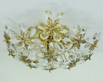 palwa CEILING FIXTURE glass blossom light 1970s flush mount glass crystals and gilt brass