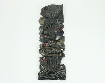 large WALL TILE ceramic fish relief elisabeth vandeweghe atelier perignem belgium 1970s