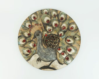 large mid century 14" ruscha WALL TILE peacock motif 1970s