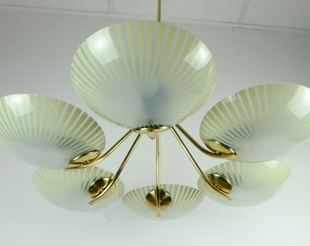 outstanding 1950s 6-light mid century PENDANT LIGHT glass brass and metal