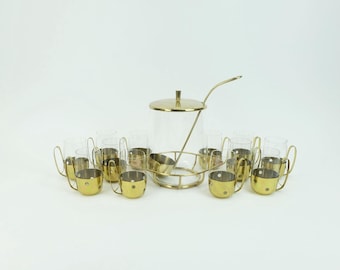 elegant mid century PUNCH bowl set with 12 glasses and centerpiece 1950s