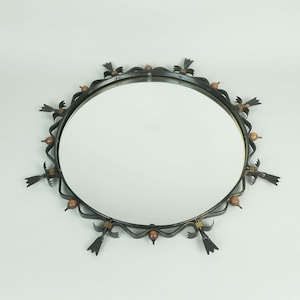 round mid century WALL MIRROR metal frame wrought iron wood brass 1950s / 60s