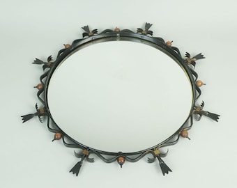 round mid century WALL MIRROR metal frame wrought iron wood brass 1950s / 60s