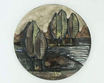 large vintage ruscha WALL TILE tuscan landscape with cypresses along a river 1970s