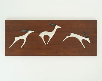 mid century modern teak WALL PANEL with porcelain antelopes by sgrafo modern 1960s design peter mueller