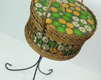 vintage mid-century 60s tripod sewing box rattan fabric