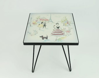 beautiful small mid century PLANT STAND with ceramic tile top paris motif metal frame hairpin legs