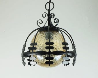 outstanding 1970's mid century amber glass PENDANT LIGHT with iron frame
