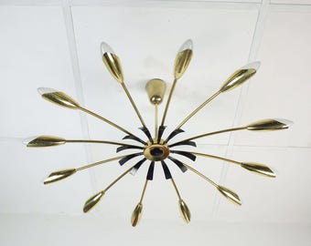 large 12-light sputnik spider CEILING LIGHT brass black metal 1950s mid century stilnovo era