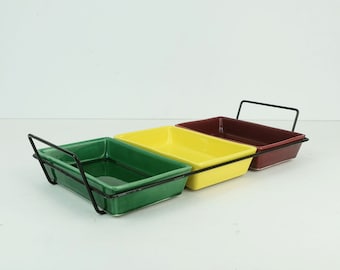 set of 3 rectangular mid century ceramic BOWLS in metal holder 1960s