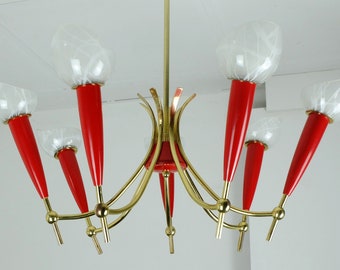 1950s mid century PENDANT LIGHT brass red plastic 7 glass shades