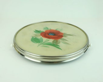 1930s rotatable CAKE PLATTER glass chrome cake plate floral decor poppy decor