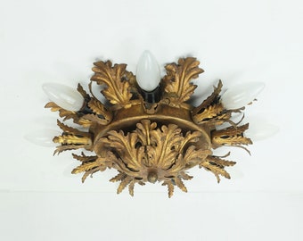 vintage italian CEILING FIXTURE florentine lamp metal leaves hollywood regency style