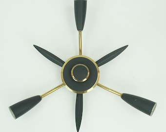 1950s mid century sputnik 3-light CEILING FIXTURE brass and dark grey metal