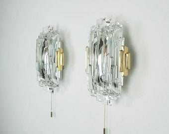 pair of 1960s mid century WALL LAMPS ice glass brass metal