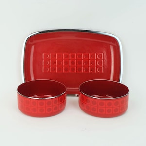 2 BOWLS and 1 SERVING PLATE silit red enamel metal chrome op art pattern 1970s