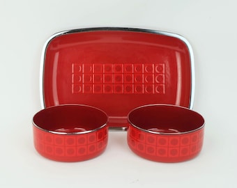 2 BOWLS and 1 SERVING PLATE silit red enamel metal chrome op art pattern 1970s