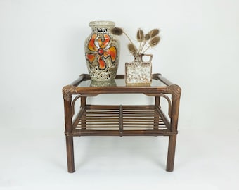 no 1 of 2: 1970s mid century SIDE TABLE coffee table bamboo wicker glass