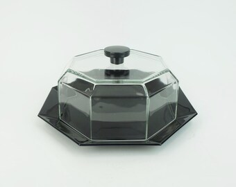 80s arcoroc octime black CAKE PLATE with cloche or cheese dome black glass and clear glass