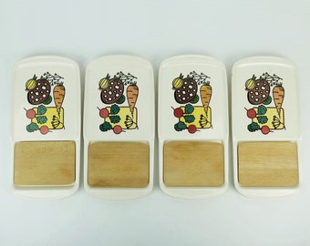 set of 4 waechtersbach SNACK PLATTERS vegetable plate ceramic with wooden insert 1950s 60s