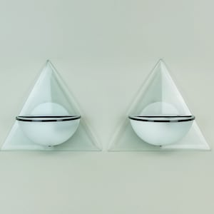 pair of italian 1980s SCONCES wall lamps lamperti model illo design alberto podestà etched glass and metal