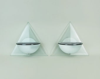 pair of italian 1980s SCONCES wall lamps lamperti model illo design alberto podestà etched glass and metal