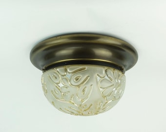beautiful mid century CEILING FIXTURE plafoniere flush mount etched glass floral decor metal 1970s