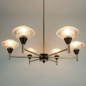 6-light mid century CHANDELIER pendant light glass aluminum and metal earyl 1960s