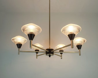 6-light mid century CHANDELIER pendant light glass aluminum and metal earyl 1960s