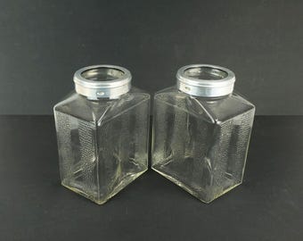 2 large 1930s poncet STORAGE JARS pressed glass aluminum bauhaus era