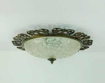 large hollywood regency style FLUSH MOUNT ice glass shade brass frame