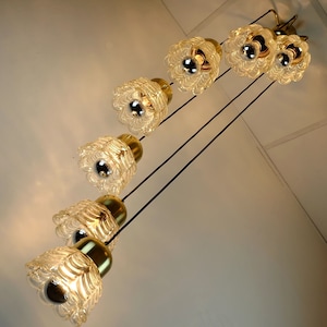1960s mid century PENDANT LIGHT cascading lamp 7 flower-shaped glass shades and brass chandelier