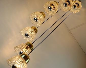 1960s mid century PENDANT LIGHT cascading lamp 7 flower-shaped glass shades and brass chandelier