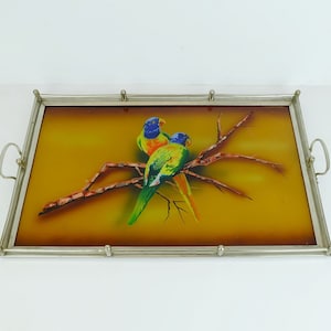 very beautiful large art déco TRAY glass metal parrot motif 1920s 30s