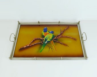 very beautiful large art déco TRAY glass metal parrot motif 1920s 30s