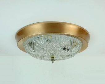 mid century ceiling LAMP flush mount textured glass and aluminum 1970s hollywood regency