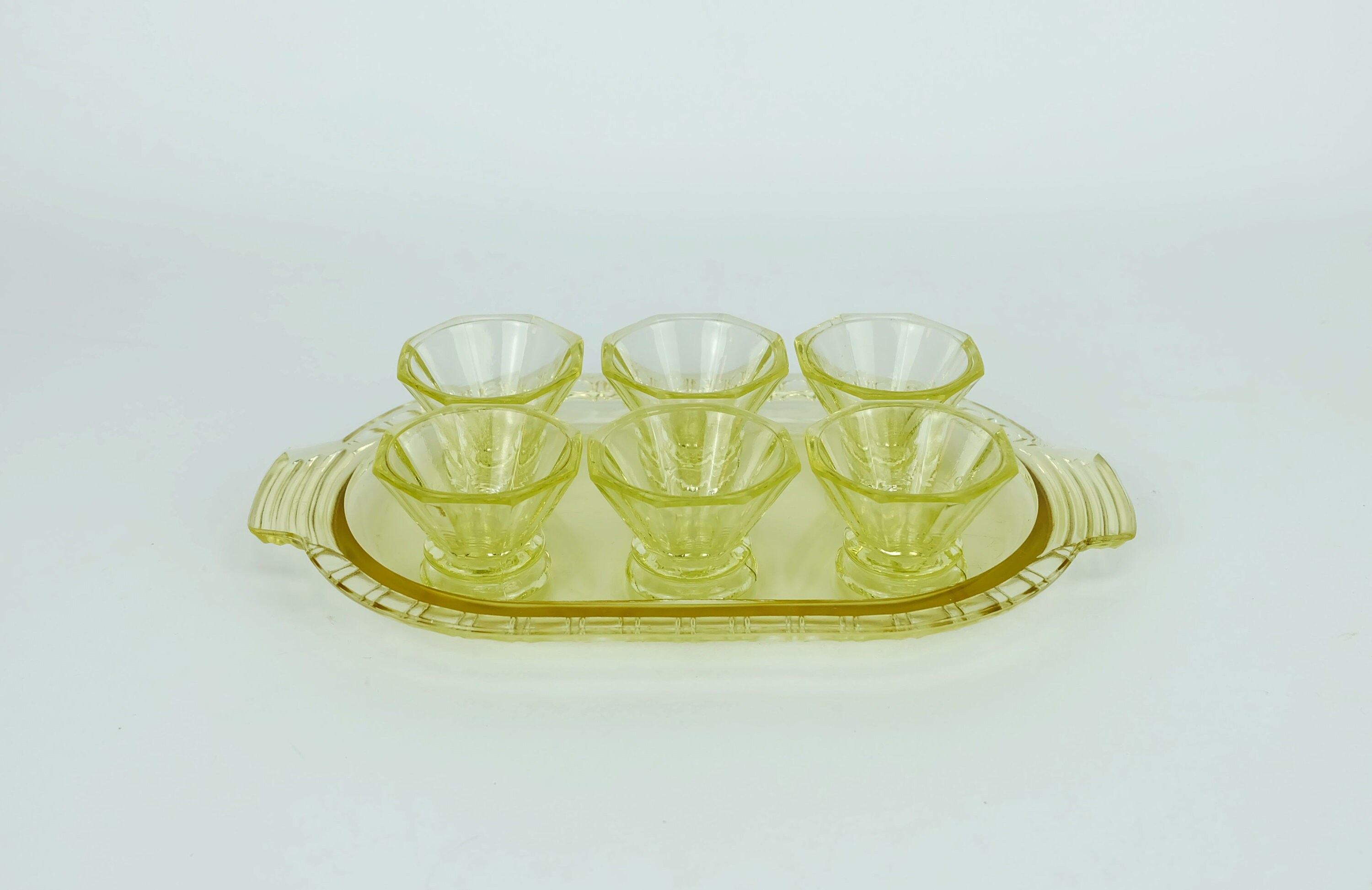 french art déco yellow pressed glass liqueur glass set 6 glasses on