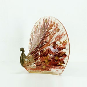 rare and outstanding vintage TABLE LAMP peacock shape brass resin with leaves and grasses 1970s