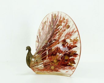 rare and outstanding vintage TABLE LAMP peacock shape brass resin with leaves and grasses 1970s