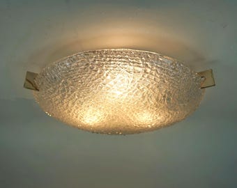vintage kaiser ice glass ceiling LAMP flush mount 1960's 70's relief surface