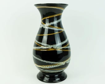 west german 1950s VASE scheurich model 215-33 stripe decor black ochre and white