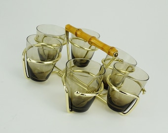 set of 6 mid century SHOT GLASSES in a brass holder with bamboo handle 1950s