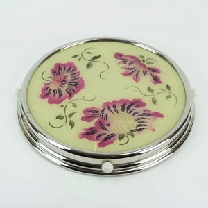 Assiette à gâteau rotative des années 1930 en verre chromé, décoration florale