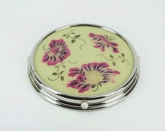 1930s rotatable CAKE PLATTER glass chrome cake plate with pink and purple flower decor