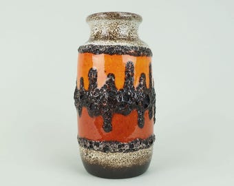 scheurich mid century ceramic VASE black fat lava zigzag pattern shades of orange white and brown model 213-20