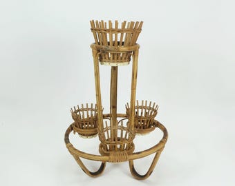 mid century PLANT STAND rack 1950s 60s bamboo rattan hawaii tiki era